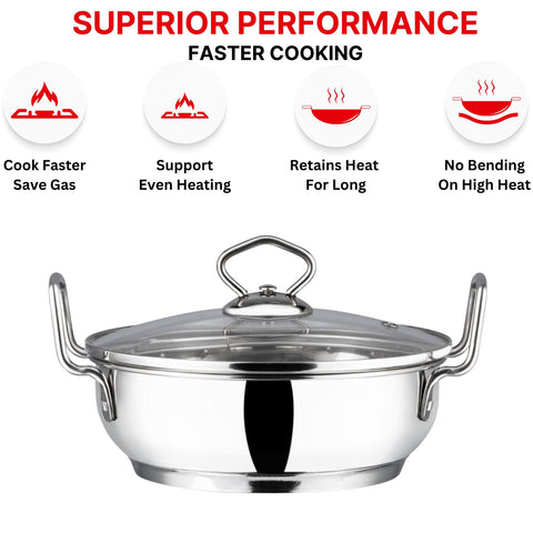 Vinod Stainless Steel Kadhai with Glass Lid, 2.7 L (26 cm) | Extra Thick Heavy Base, Riveted Handles, Easy to Clean, Durable Body | Ideal for Curries & Frying | Induction & Gas Base | 2 Yr Warranty