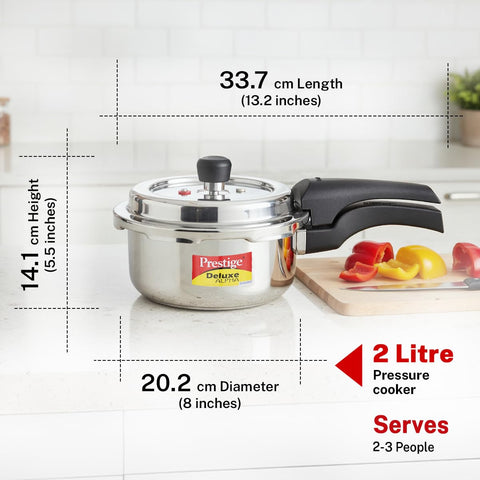 Prestige 2 Litre Stainless Steel Deluxe Alpha Svachh Outer Lid Pressure Cooker | 10Y Warranty | Deep Lid for Spillage Control | TRIPLY Base | Gasket Release System | Gas & Induction Compatible | ISI