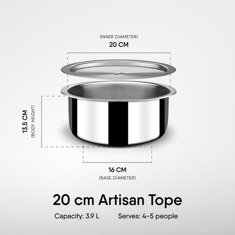 Stahl Triply Stainless Steel Tope with Lid I Stainless Steel Patila I Induction Base Tri Ply Tope 2.9 Litre I Artisan 4520, Dia 20 cm