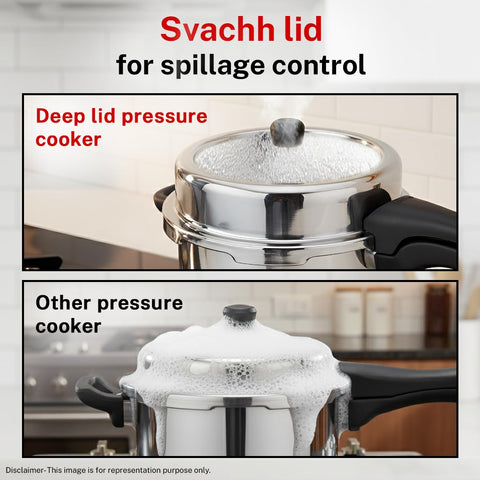 Prestige 10 Litre Stainless Steel Deluxe Alpha Svachh Outer Lid Pressure Cooker | 10Y Warranty | Deep Lid for Spillage Control | TRIPLY Base | Gasket Release System | Gas & Induction Compatible | ISI