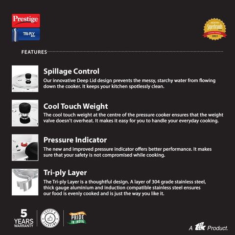 Prestige 2 Litre Triply Svachh Outerlid Pressure Cooker|Deep lid for spillage control|Gas & Induction Compatible|Triply body for even heating|Gasket Release System|5 Years warranty|ISI certified
