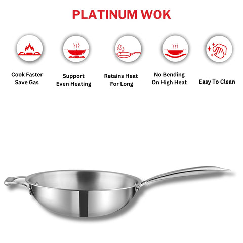 Vinod Platinum Triply Stainless Steel Wok - 26 cm | Riveted Handle | Stir, Shallow Fry/Noodles/Curry/Fried Rice | Induction Base | 5 Year Warranty - Silver