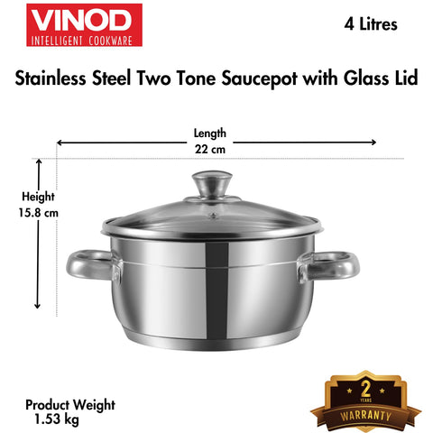 Vinod Two Tone Stainless Steel Saucepot with Glass Lid 4 Litre, 22cm | Triply Saucepot, Sturdy Riveted Handle | 2 Year Warranty | Induction Bottom - Silver