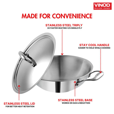 Vinod Platinum Triply Stainless Steel Kadai with Lid - 22 cm | Even Heating No Hotspot, Less Oil Healthy Cooking, Heavy Bottom Induction Cookware Kadhai for Cooking & Frying