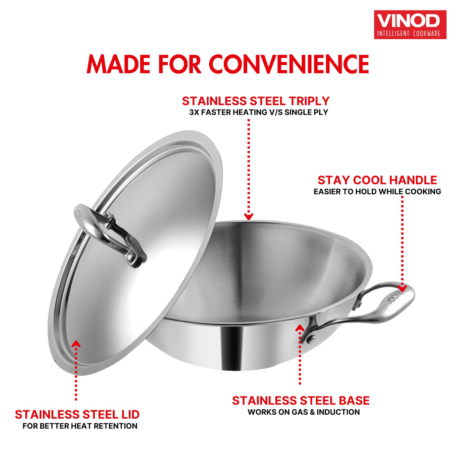 Vinod Platinum 32cm Triply Kadai - 5.5L Heavy Bottom Induction Pot