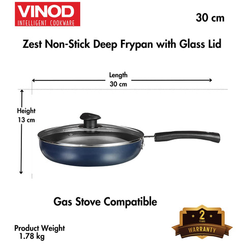 Vinod Zest Aluminium Non Stick Deep Frypan with Lid - 4.6 litre, 30cm | Skillet Pan for Frying | 3mm Thick | 3 Layer Coating | Scratch Proof | 1 Year Warranty - Gas Base