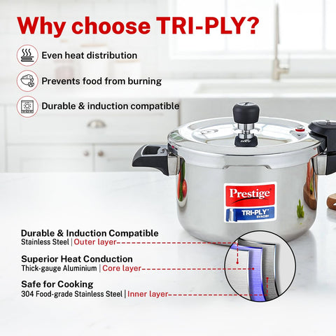 Prestige 3 Litre TRIPLY Svachh Outer Lid Pressure Cooker | Deep Lid for Spillage Control | Gas & Induction Compatible | Gasket Release System | Visual Pressure Indicator | 5Y Warranty | ISI
