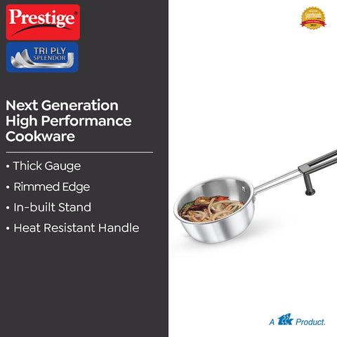 Prestige 13cm/550ml Tri-Ply Stainless Steel Splendor Tadka Pan|Gas & Induction Compatible| Rimmed Edge| in-Built Stand| Heat Resistance Handle| Thick Gauge