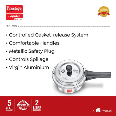 Prestige 2 Litre Aluminium Popular Svachh Outerlid Pressure Cooker|Deep Lid for spillage Control|Virgin Aluminium|Gas Compatible|Controlled Gasket Release System|5 years warranty|ISI Certified
