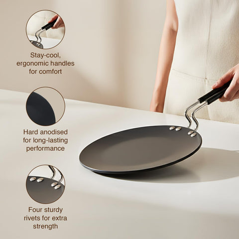 Prestige Hard Anodised Chapati Tawa 24.5 cm | Extra Thick Base (4.88 mm) | Gas & Induction Compatible | Metal Spoon Friendly | Stay Cool Handle | Wide Base | 2Y Warranty | ISI