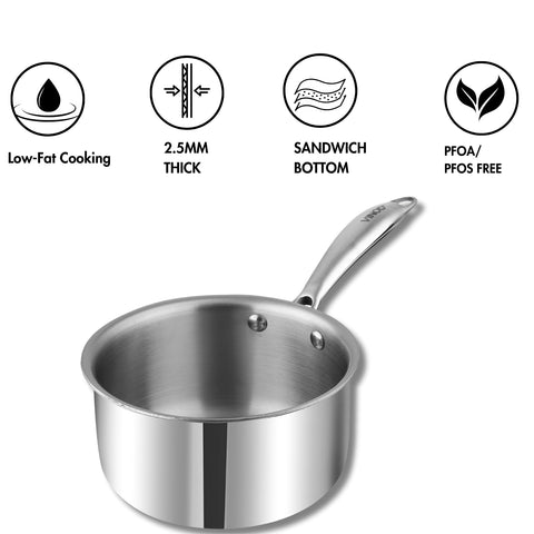 Vinod Platinum Triply Stainless Steel Milkpan - 1.5 Litre, 16 cm | Easy Pour Spout | Tea/Milk/Chai Pan | Rivetted Sturdy Handle | Induction & Gas Base | 5 Year Warranty