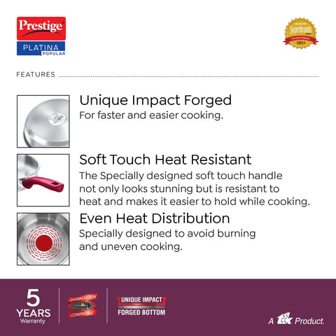 Prestige Platina Popular Stainless Steel Gas and Induction Compatible Fry Pan, 240 mm