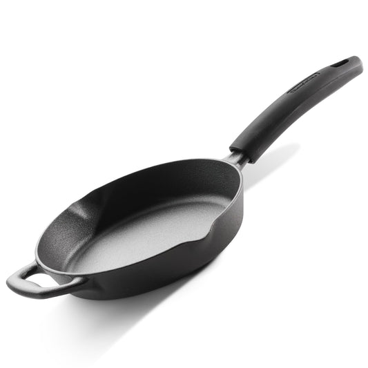 TRAMONTINA Titanex 22cm Cast Iron Fry Pan – Pre-Seasoned Skillet with Pour Spouts | Saute, Stir-Fry, Deep Fry, Sear & Bake | Gas & Induction Compatible | Natural Stone Finish.
