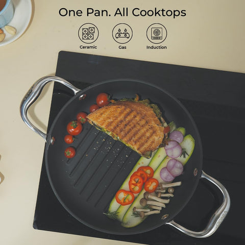 Vinod Ferona Lightweight Cast Iron Grill Pan - 1.2 L, 24 cm | No Seasoning Required | Naturally Stick-Free | Steel Handle | Metal Spoon Safe | Gas, Induction Base | PTFE & PFOA Free | 2-Year Warranty