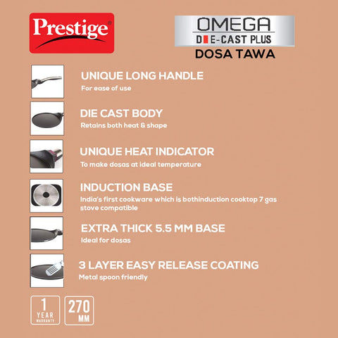 Prestige Omega Die cast Plus 27cm Dosa Tawa|Non-Stick with 3 Layers Scratch Guard Coating|Unique Heat Indicator|Gas & Induction Compatible|1 Year warrnty