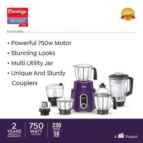 Prestige Delight Pro Mixer Grinder 750 W, 6 Jars, (1500 ml, 1000 ml, 1500 ml, 450 ml) (Purple)