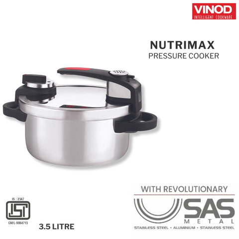 Vinod Stainless Steel Nutrimax Pressure Cooker 3.5 Litre | Sas Technology | Spillage Control, Unique Lid, Auto Lock, Visual Indicator | Induction And Gas Base | ISI Certified | 5 Years Warranty