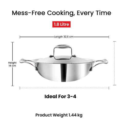 Vinod Platinum Triply Stainless Steel Extra Deep Kadai with Lid - 22 cm | Even Heating, Less Oil Healthy Cooking, Heavy Bottom Induction Cookware Kadhai for Cooking & Frying