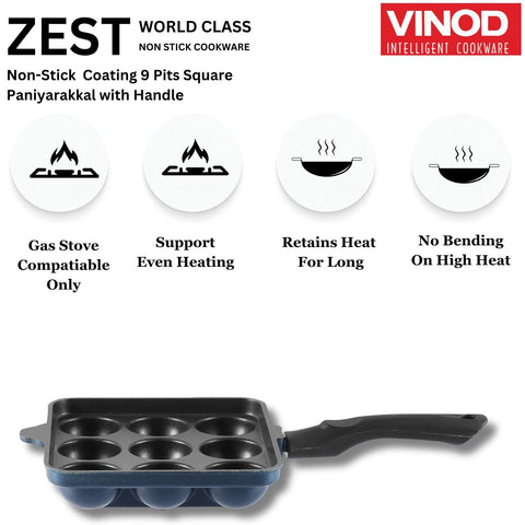 Vinod Aluminium Non Stick Kuzhi Paniyaram Pan - 9 Cups, 17.5cm / Paniyarakal, Appe Pan,Appam Patra,3mm Thick, 3 Ply,Metal Spoon Friendly,Gas Base - 1 Year Warranty