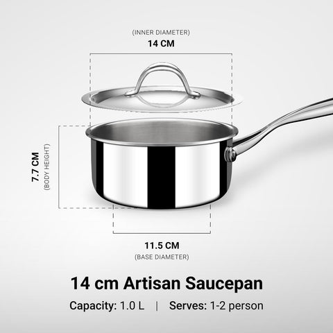 Stahl Artisan Triply 1L, 14cm Stainless Steel Tea Pan with Lid | Triply Sauce Pan | Induction & Gas Stove Compatible Milk Pan
