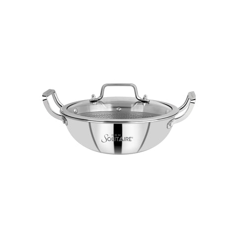 CDM SOLITAIRE Prizm Hybrid Triply Non-Stick Kadai with Glass Lid, Stainless Steel Kadai for Cooking, Triply Kadhai Metal Spatula Friendly, Induction & Gas Stove Compatible, 32 cm
