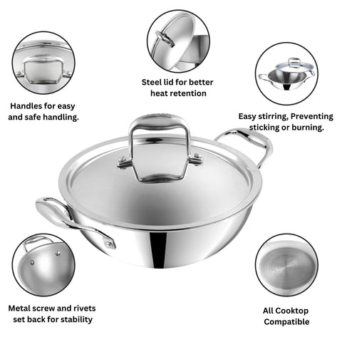 Vinod Platinum Triply Stainless Steel Extra Deep Kadai with Lid, 24 cm | Even Heating, Less Oil Healthy Cooking, Heavy Bottom Induction Cookware Kadhai for Cooking & Frying