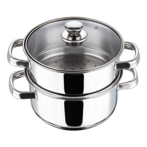 Vinod Stainless Steel 2-Tier Steamer with Glass Lid, 20 cm | Steamer for Momos, Modaks, Vegetables & More | Riveted Handles | Induction & Gas Base | 2 Yr Warranty