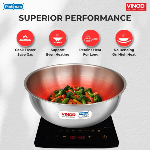 Vinod Platinum Triply Stainless Steel Tasla/Kadai - 4.5 litres, 30 cm | 2.5 mm Thick Heavy Bottom, Fast & Even Heating, Less Oil Healthy Cooking, Induction and Gas Base Kadhai for Frying & Dough