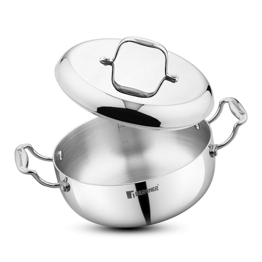 Bergner Argent Saiba Triply Stainless Steel 22 cm (3 Liters) Multi Purpose Casserole/Stainless Steel Casserole with Curved Shape Lid and Welded Cast Handles, Less Oil Cooking - Induction Bottom
