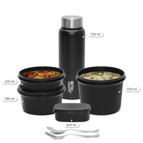 Jaypee Plus 1390 ml Stainless Steel Office Lunch Box | BPA Free, Microwave Safe & Spillproof Airtight 4 Containers | Includes Bottle, Spoon, Fork & Insulated Bag | Ideal for College & School (Grey)