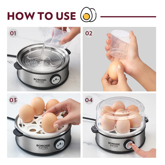 Borosil Electric Egg Boiler with Poaching Tray, Boil Eggs At A Time, For Hard, Soft, Medium Boiled Eggs, Steamed Vegetables, Transparent Lid, Stainless Steel Exterior (7 Egg Capacity)