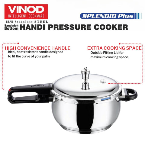 Vinod Splendid Plus 3.5L Stainless Steel Handi Cooker | Glass Lid