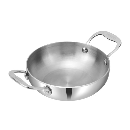 Vinod Platinum Tripy Stainless Steel Mini Kadai - 14cm (600 ml), Compact Design for Healthy Cooking, Induction Friendly Versatile Small kadhai, Use Less Oil, Sturdy and Durable - 5 Years Warranty