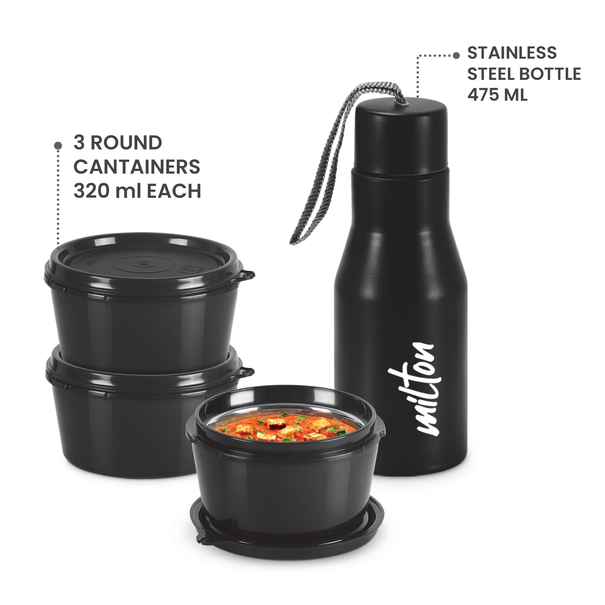 MILTON Arista Lunch Box (3 Microwave Safe Inner Steel Containers, 320 ml Each; Stainless Steel Bottle, 475 ml) with Insulated Fabric Jacket, Grey