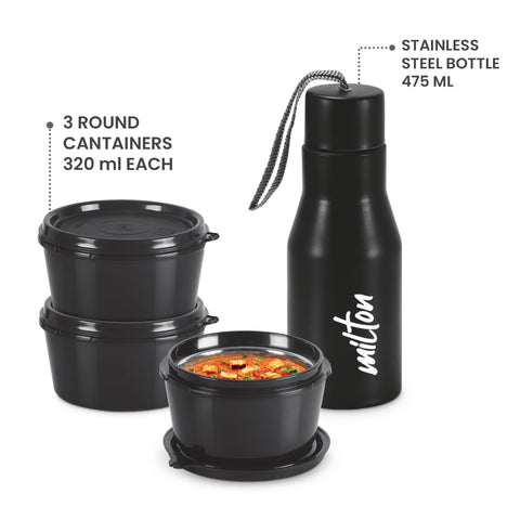 MILTON Arista Lunch Box (3 Microwave Safe Inner Steel Containers, 320 ml Each; 1 Stainless Steel Bottle, 475 ml) with Insulated Fabric Jacket, Grey