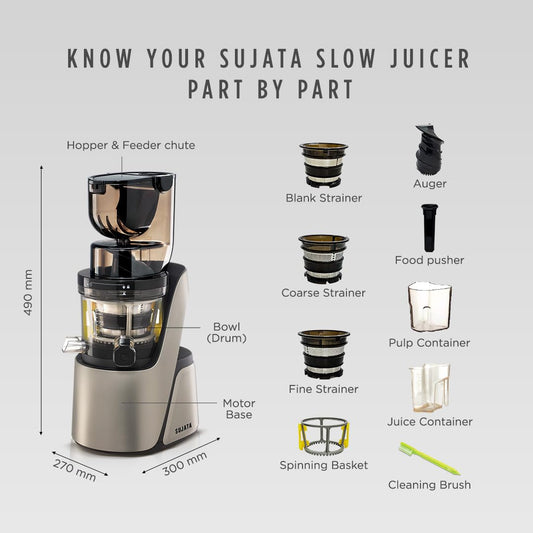 Sujata Cold Pressed Slow Juicer SJ01 | Ideal for Fruit, Vegetable Juices, Nut Milks, Smoothies & Frozen Desserts | Dual Feeding Chute | Reverse Function | Magnetic Safety Lock