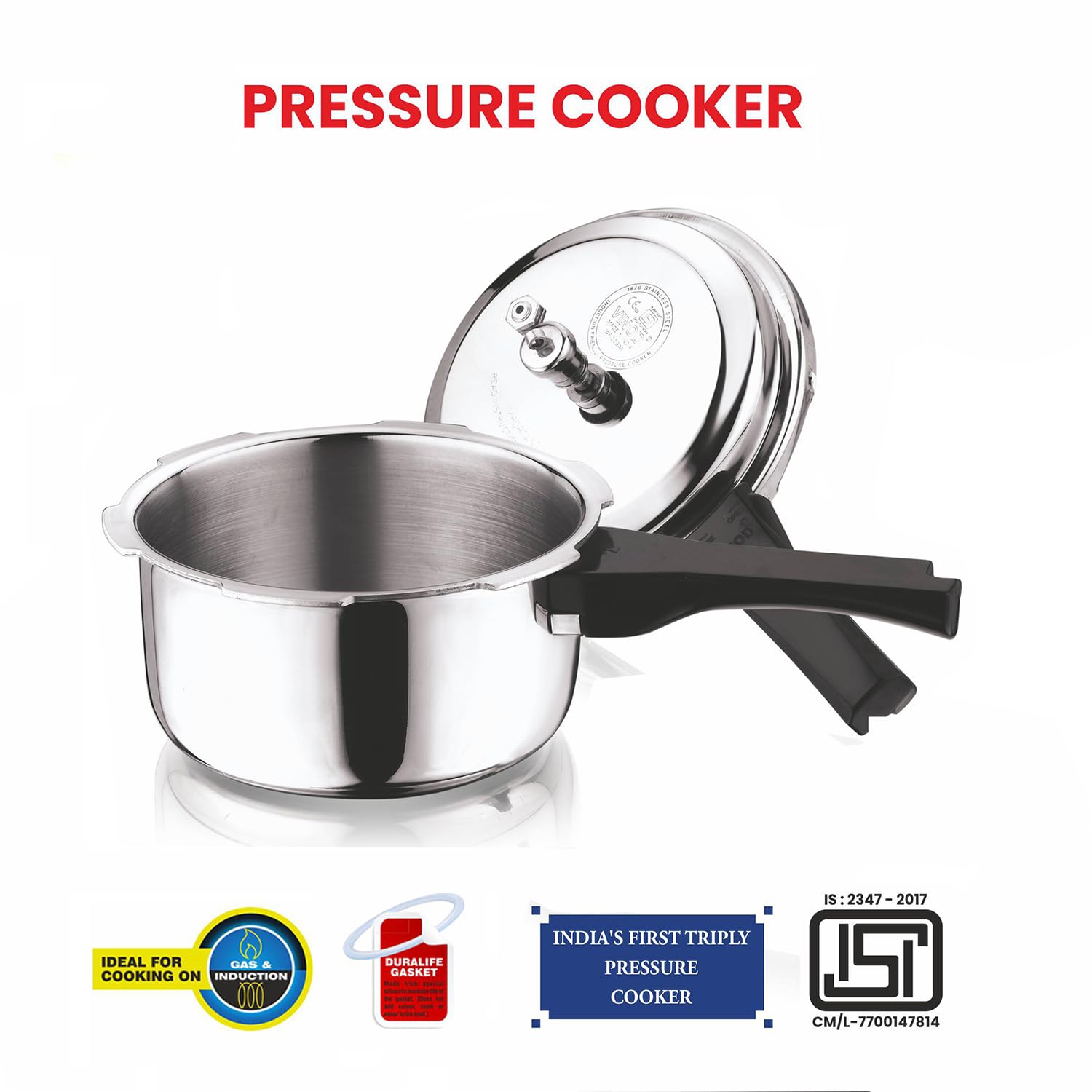 Vinod Platinum 2L Triply Stainless Steel Cooker | Outer Lid, ISI