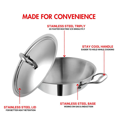 Vinod Platinum Triply Stainless Steel Extra Deep Kadai with Lid - 20 cm | Even Heating, Less Oil Healthy Cooking, Heavy Bottom Induction Cookware Kadhai for Cooking & Frying