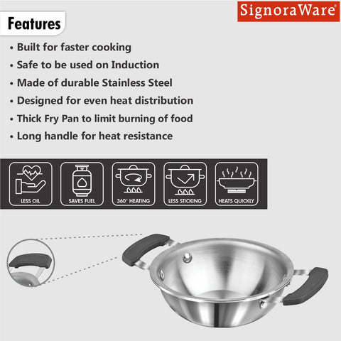 SignoraWare Artista Stainless Steel Cookware Mini Kadhai |Ideal for Pakoras, Sautéed vegetables, Aloo fry or Small Portions Of Fritters | Best for Frying & Roasting Spices |Great for Melting & Mixing