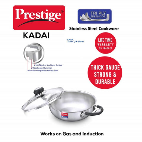 Prestige 20cm/1.6L Tri-Ply Stainless Steel Splendor Kadai with Lid| Gas & Induction Compatible| Even Heat Distribution| Strong and Durable| Perma-Cool Handles