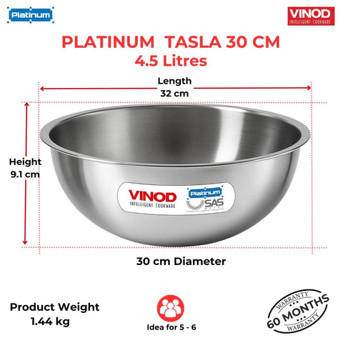 Vinod Platinum Triply Stainless Steel Tasla/Kadai - 4.5 litres, 30 cm | 2.5 mm Thick Heavy Bottom, Fast & Even Heating, Less Oil Healthy Cooking, Induction and Gas Base Kadhai for Frying & Dough