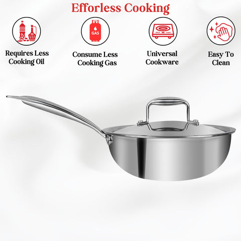 Vinod Platinum Triply Stainless Steel Deep Frying Pan with Lid - 22 cm | Heavy-Bottom Frypan for Healthy, Low-Oil Cooking | Induction and Gas Compatible