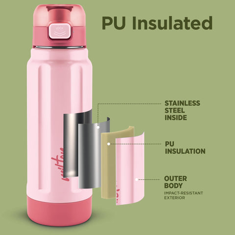 Milton Taurus 600 Steel Thermoware, Inner Stainless Steel, PU Insulated, Leak Proof Water Bottle for School Kids, Office, Gym, Easy to Carry Handle, 560 ml, Light Pink