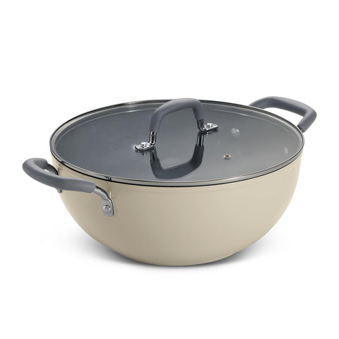 Tramontina Velo 28cm / 5.6L Forged with Ceramic Reinforced Interior Kadai | Tempered GlassLid | Kadhai for Curry, Deep-Fry, Stir-Fry | Silicone Grip Handles | Gas/Induction | Sand Beige