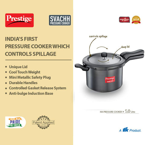 Prestige 5 Litre Hard Anodised Svachh Outerlid Pressure Cooker|Deep Lid for spillage Control|Gas & Induction compatible|Metallic Safety Plug|Gasket Release System|5 Years warranty|ISI Certified
