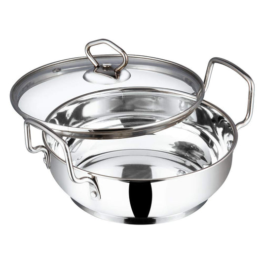 Vinod Stainless Steel Kadhai with Glass Lid, 2.7 L (26 cm) | Extra Thick Heavy Base, Riveted Handles, Easy to Clean, Durable Body | Ideal for Curries & Frying | Induction & Gas Base | 2 Yr Warranty