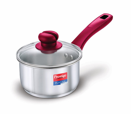 Prestige Platina Popular Stainless Steel Gas and Induction Compatible Sauce Pan with Glass Lid, 160 mm