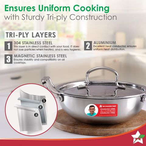 Wonderchef Stella Triply Stainless Steel Kadhai with Lid | 28 cm, 4.5 litres | Compatible with Gas Stove, Induction, Ceramic Cooktop | Non-Toxic | Heavy-Duty Handle | 10-Year Warranty