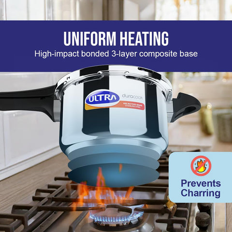 Ultra Duracook Pressure Cooker 3 Litre | AISI 304 Food Grade Stainless Steel Cooker | 10 Years Warranty | High Impact 3-Layer Composite Base | Bakelite Handles | Keeps Food Warm for up to 2 Hours