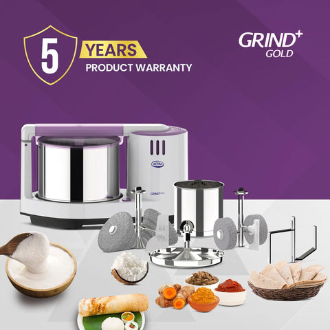 Ultra Grind+ Gold Wet Grinder Celebration Pack | 2L Multiutility Drum with Conical Stones, 1L Spice Mix Drum with Cylindrical Stone, Coconut scraper, Atta kneader & AISI 304 Food Grade Stainless Steel